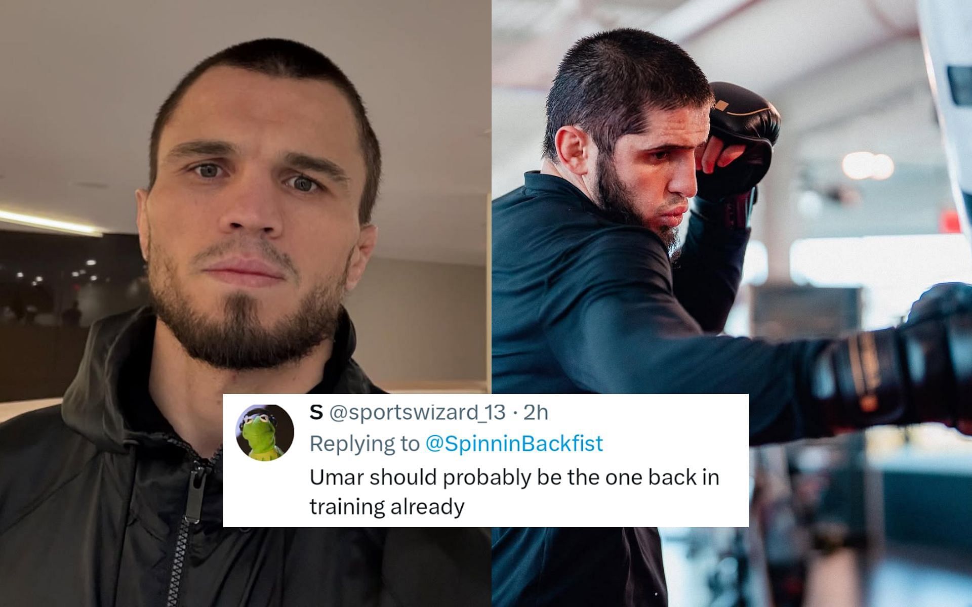 Fans react as Islam Makhachev (right) is already back and saying Umar Nurmagomedov (left) should also be in training. [Image courtesy: @ufc and @umar_nurmagomedov on Instagram]