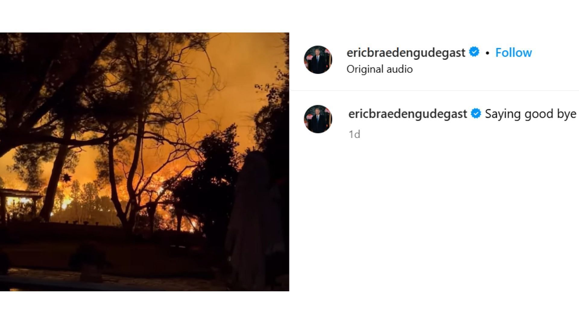 Eric&#039;s Instagram post before evacuation (Image via Instagram/@ericbraedengudegast)