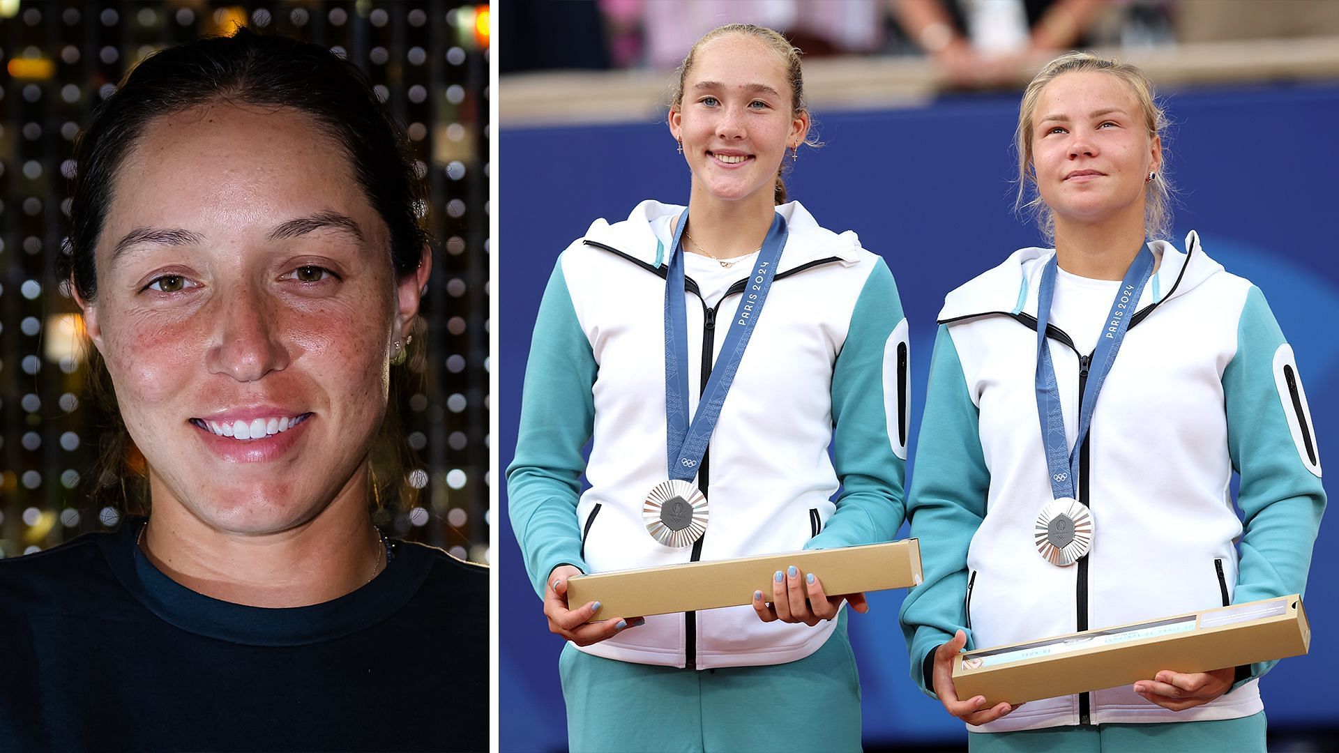 Jessica Pegula (L) reacts to teh duo of Mirra Andreeva and Diana Shnaider (R), (Source: Getty Images)