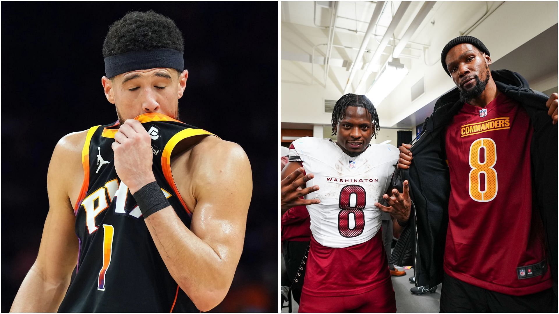 Commanders fan Kevin Durant taunts Lions fan Devin Booker after winning bet. (Photo: (L) IMAGN and (R) @Commanders on X)