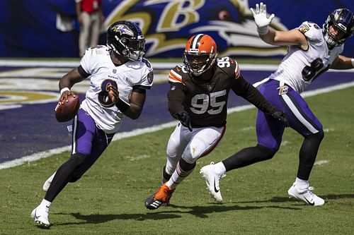 Lamar Jackson, left, Myles Garret, right, during Cleveland Browns v Baltimore Ravens - Source: Getty