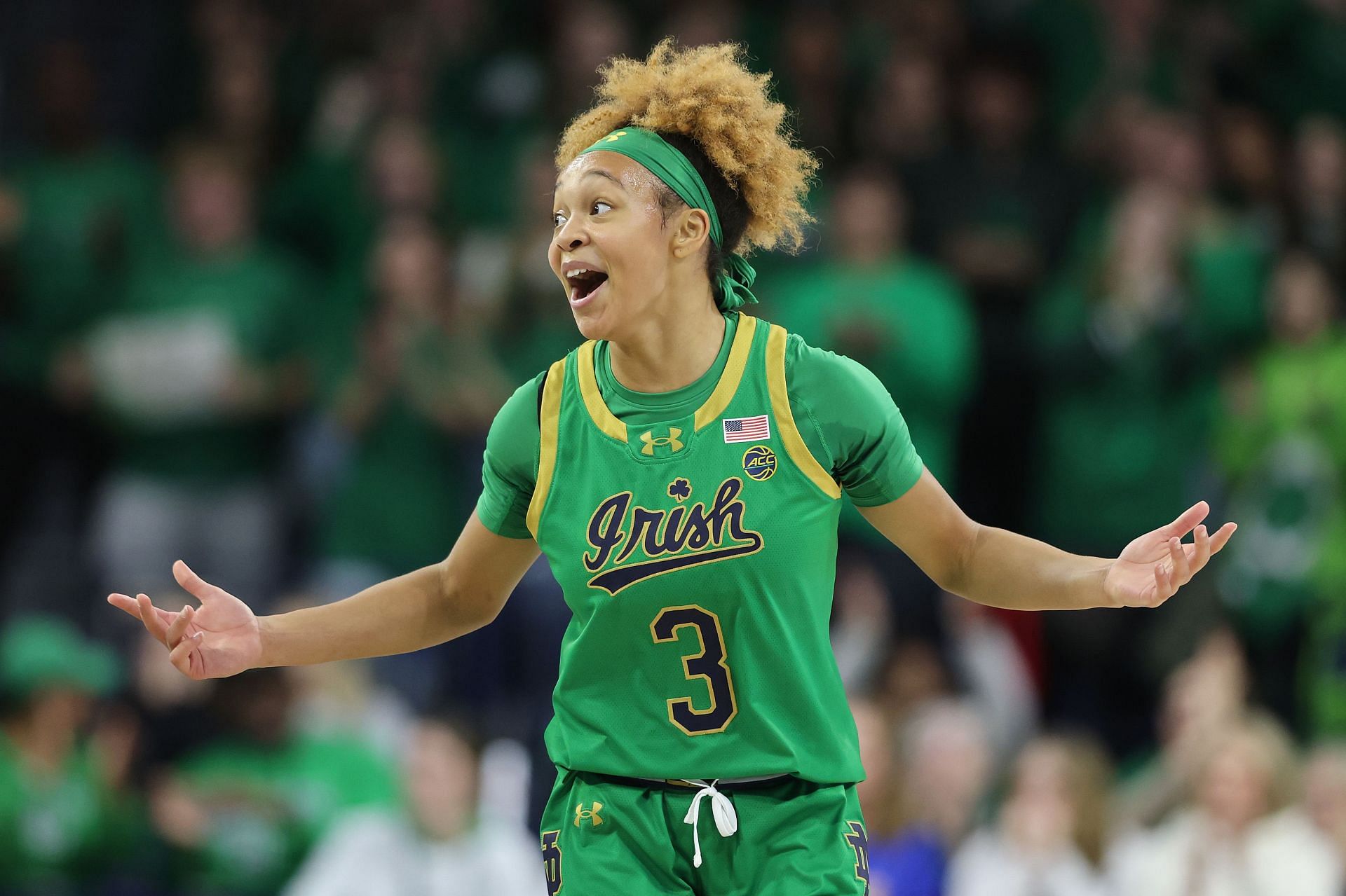 Hannah Hidalgo (#3) of the Notre Dame Fighting Irish celebrates during the game against the UConn Huskies at Purcell Pavilion at the Joyce Center on December 12, 2024. Photo: Getty