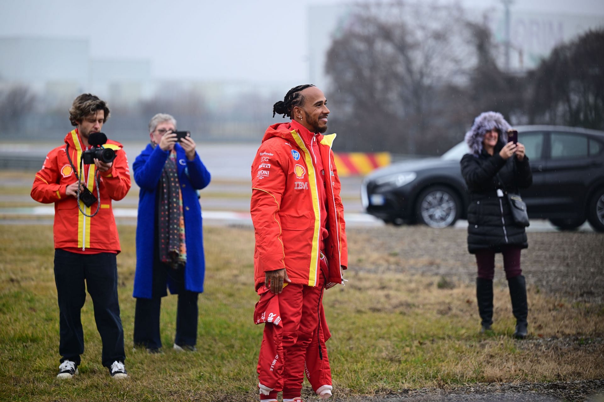 Lewis Hamilton drives a Scuderia Ferrari car for the first time at Circuito di Fiorano in Fiorano Modenese, Italy, on January 22, 2025. (Photo by Andrea Diodato/NurPhoto via Getty Images) - Source: Getty