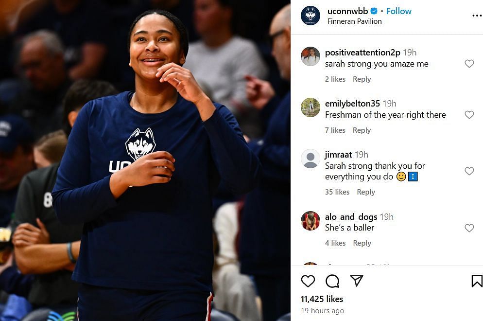 Fans comment on Sarah Strong&#039;s steller stats for UConn win vs Villanova on IG. Image via @uconnwbb