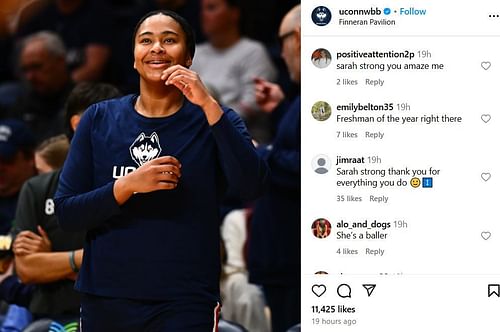 Fans comment on Sarah Strong's steller stats for UConn win vs Villanova on IG. Image via @uconnwbb