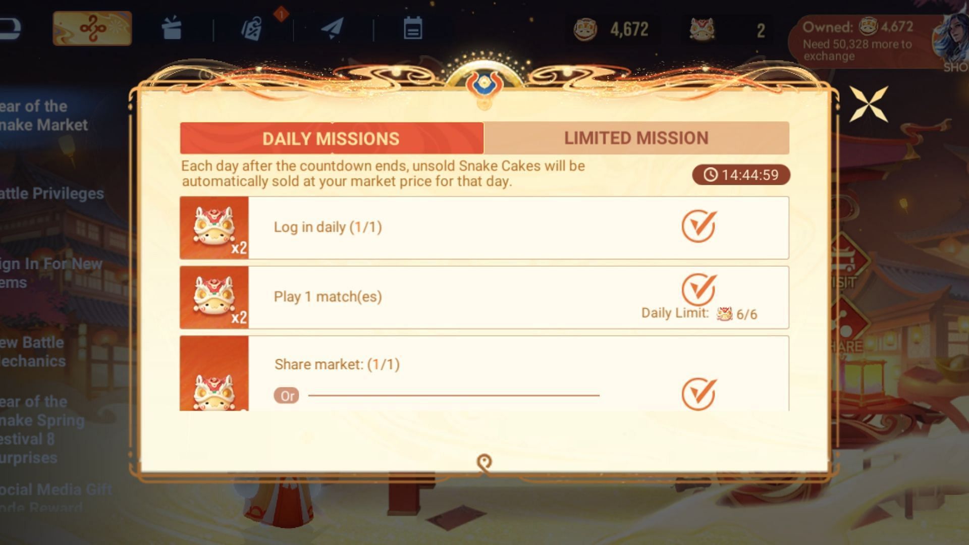 Complete daily and limited missions to earn Snake Cakes (Image via Level Infinite)