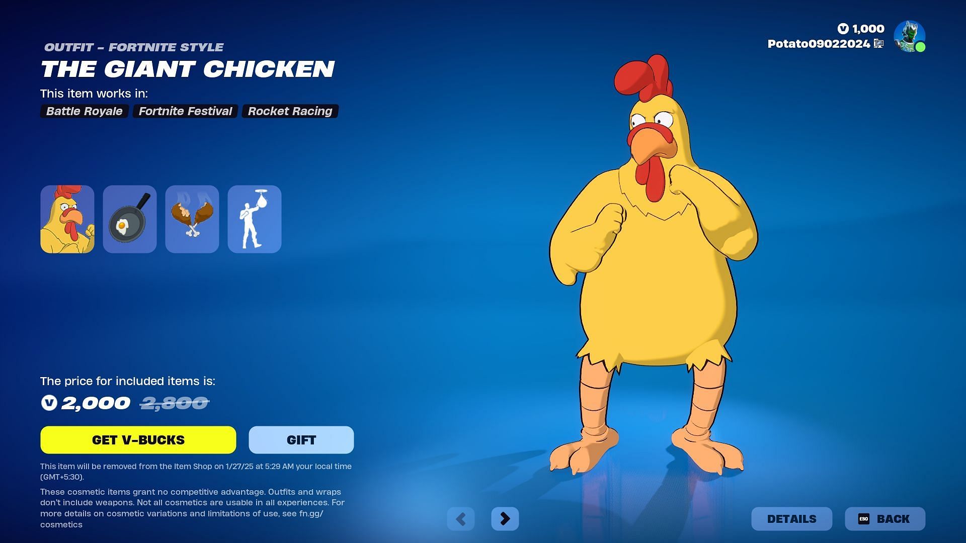 The Giant Chicken (Family Guy) will remain listed until January 27, 2025 (Image via Epic Games)