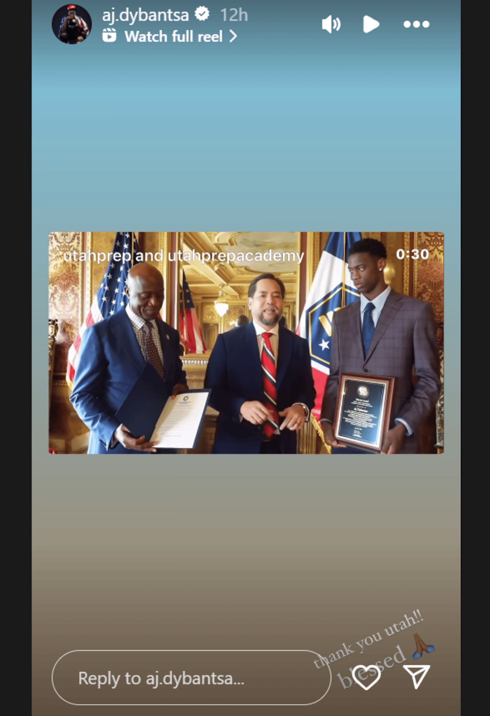 AJ Dybantsa was given the Warrior Award by the Office of the Utah Attorney General (Source: AJ.dybantsa)