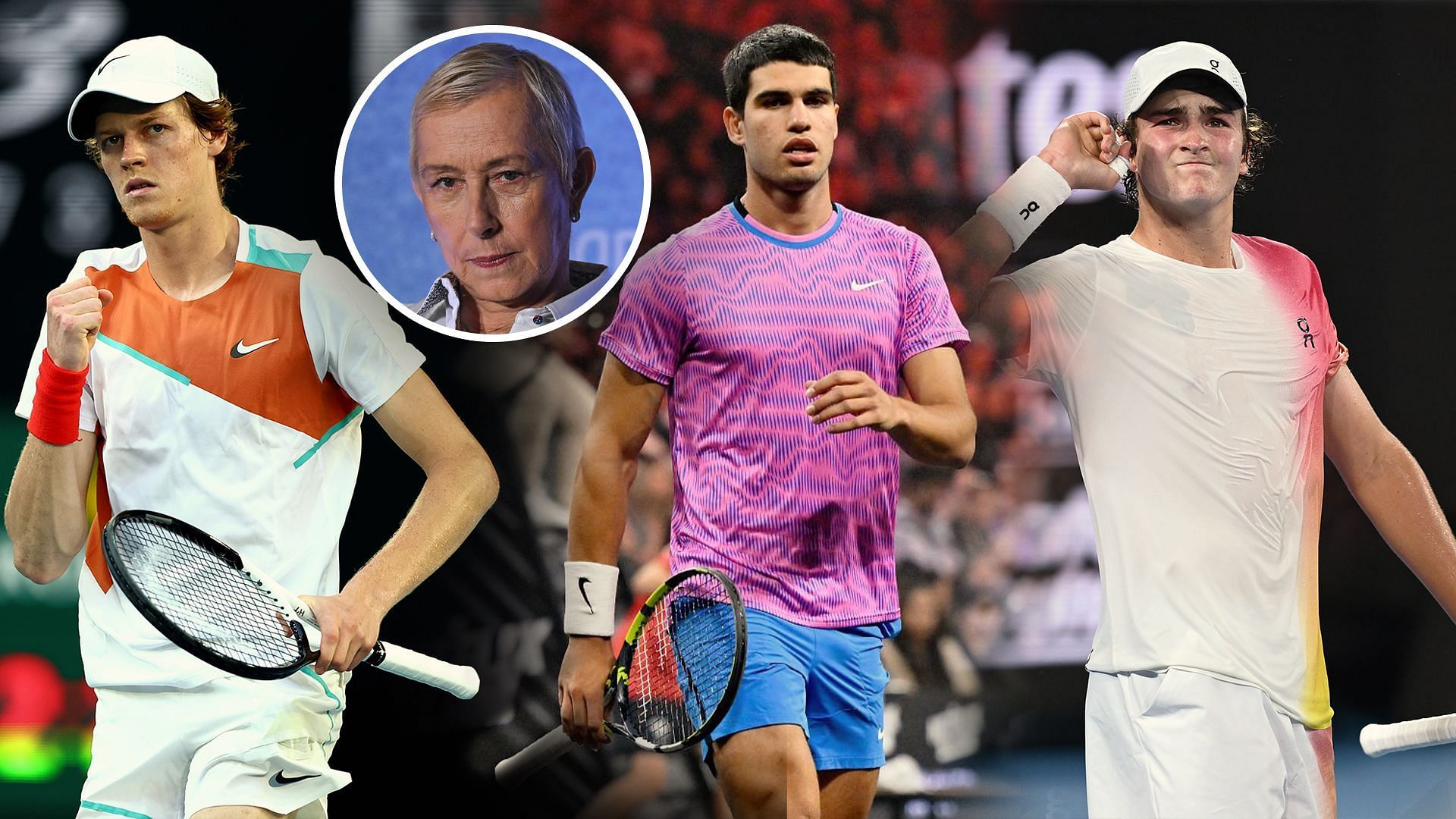 Carlos Alcaraz, Jannik Sinner, Joao Fonseca and Martina Navratilova (inset). Source: Getty