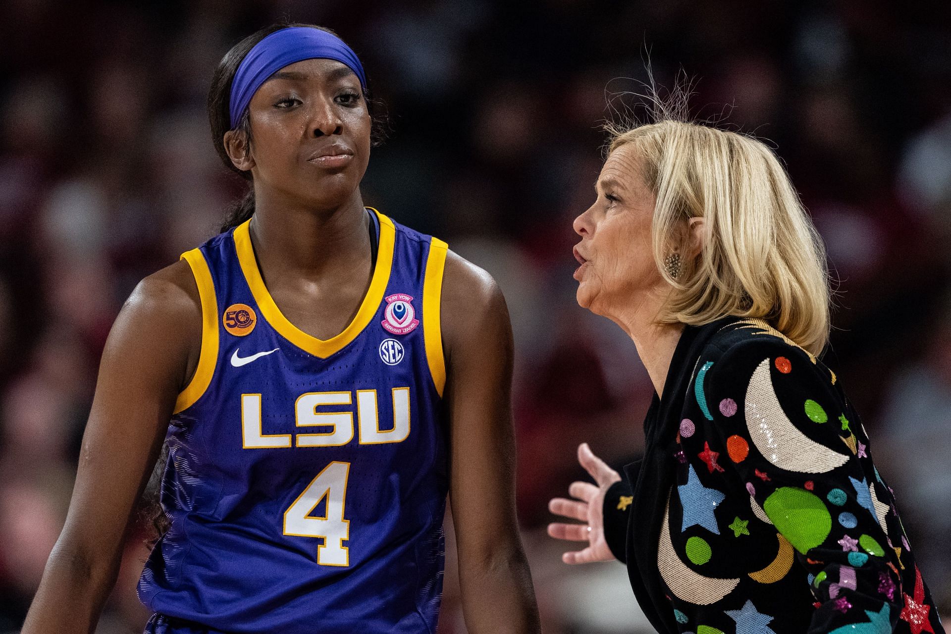 Head coach Kim Mulkey of the LSU Tigers talks to Flau&#039;Jae Johnson (#4) in the second half during their game against the South Carolina Gamecocks at Colonial Life Arena. Photo: Getty