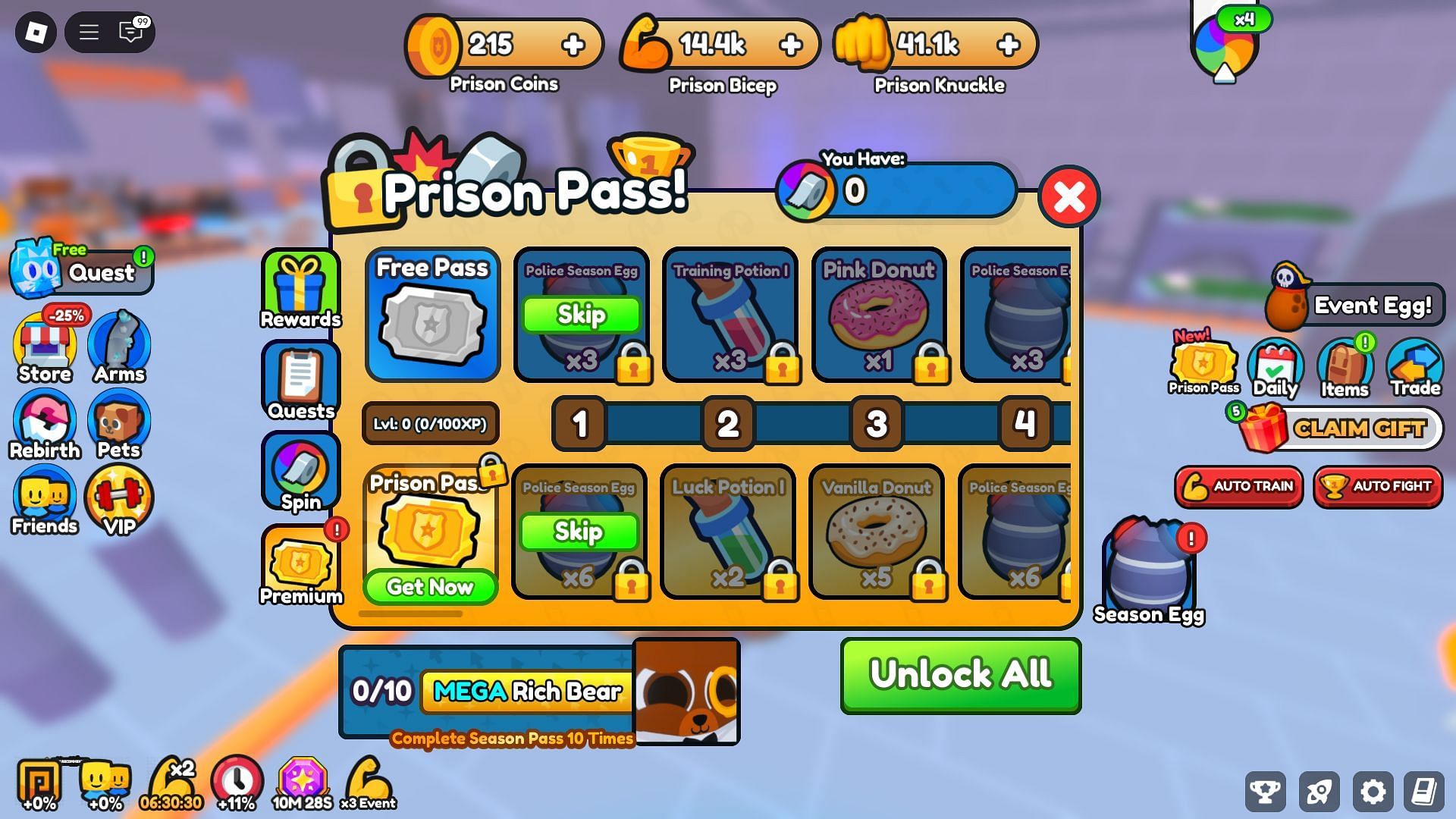 List of all the rewards in the Prison Pass (Image via Roblox)