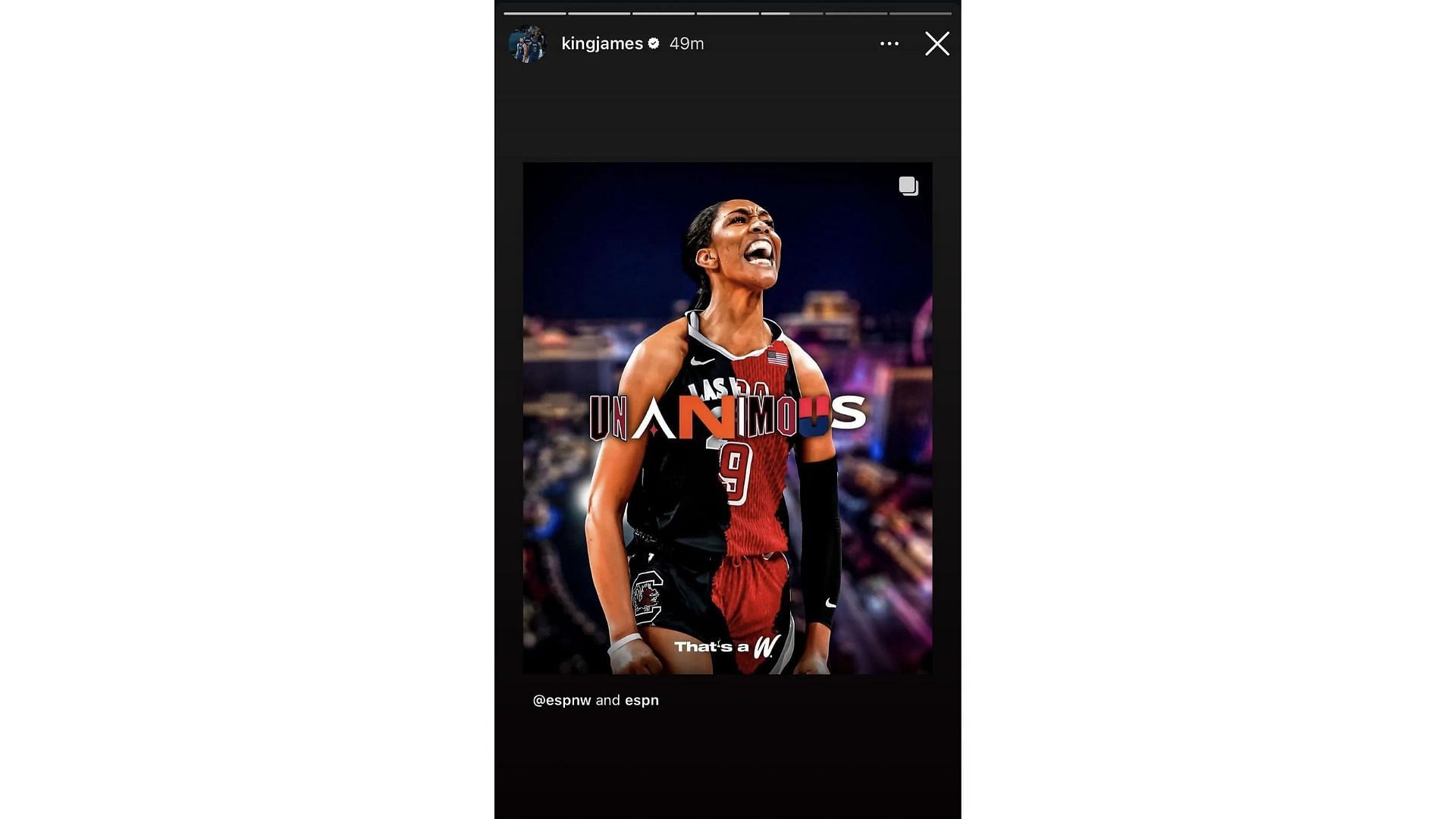 LeBron James congratulates A&#039;ja Wilson after she wins her third MVP award. Photo Credit: LeBron James&#039; IG account