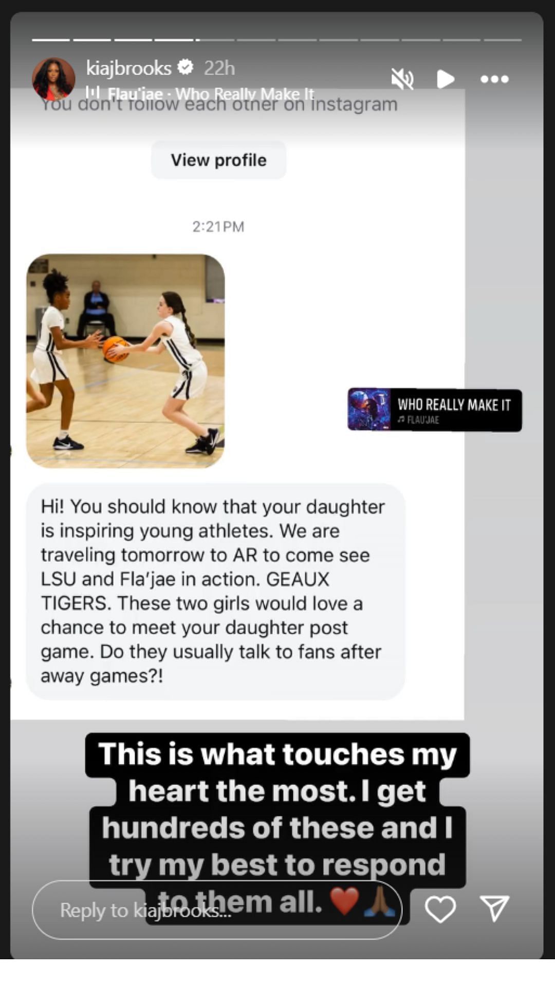 Kia Brooks shares a heartfelt request from a fan to Flau&#039;Jae Johnson. IG image via @kiajbrooks