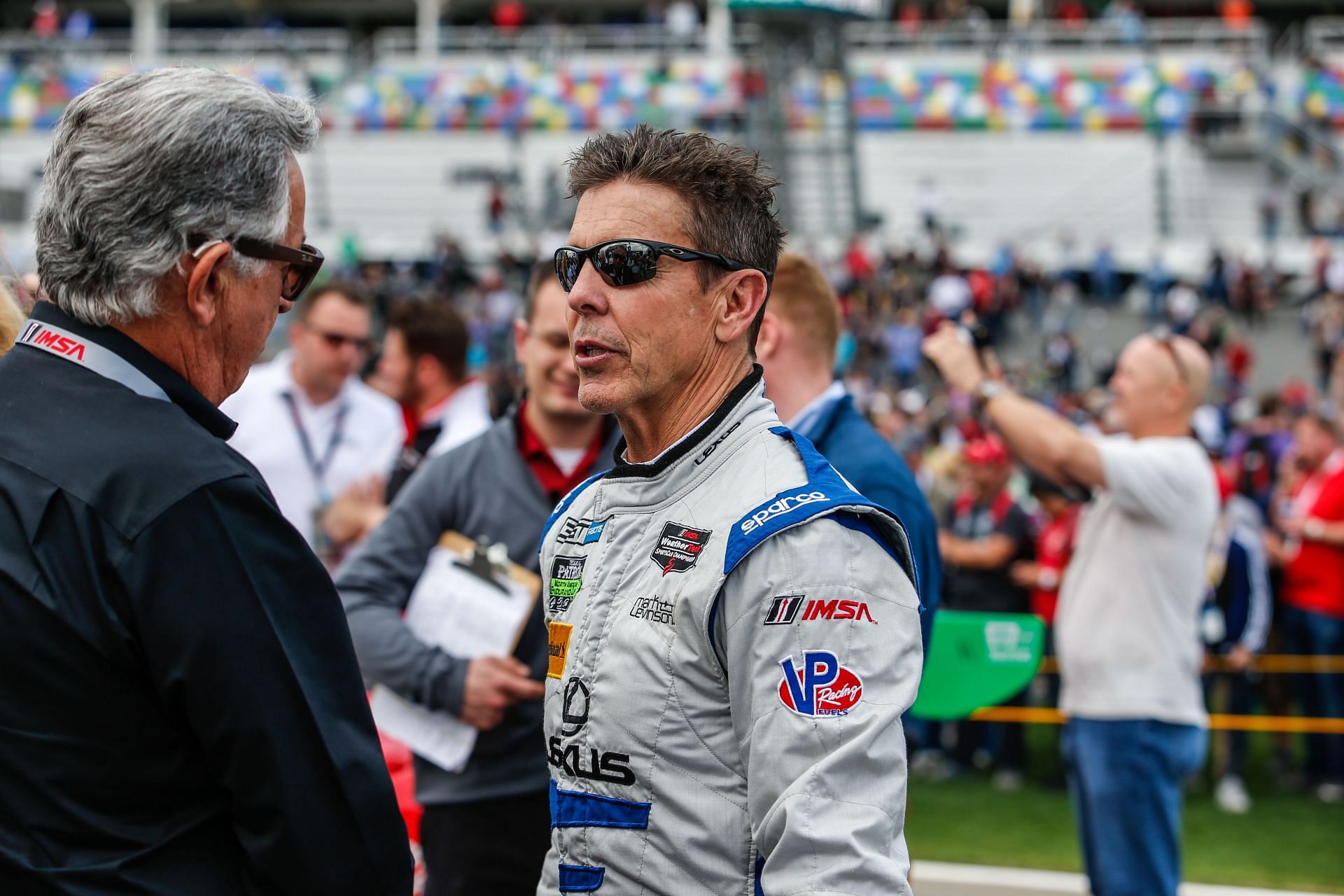 Scott Pruett talks with an official during the Rolex 24 at Daytona on January 27, 2018 - Source: Getty