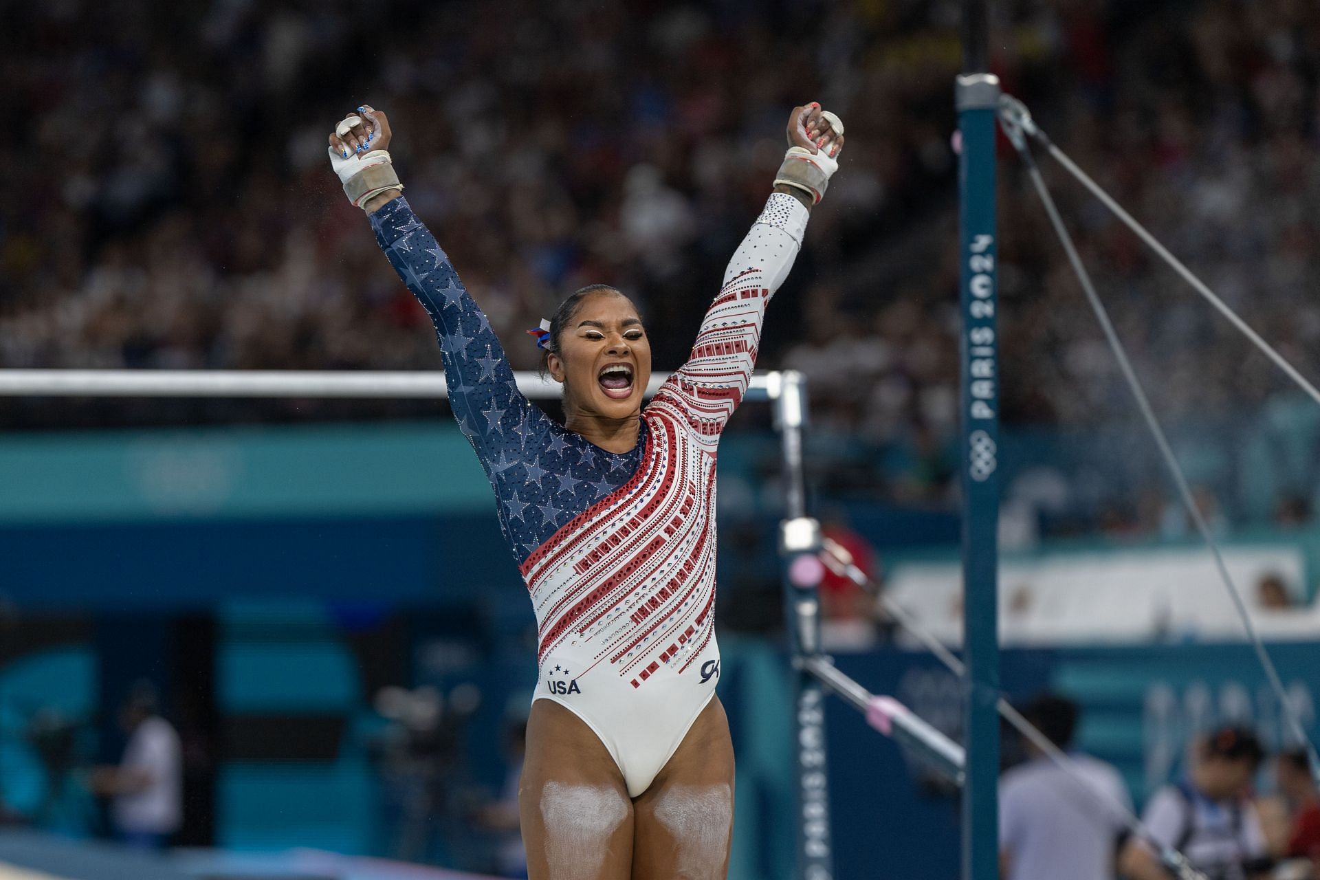 Jordan Chiles of the United States during the 2024 Olympic Games in Paris, France. (Photo via Getty Images)