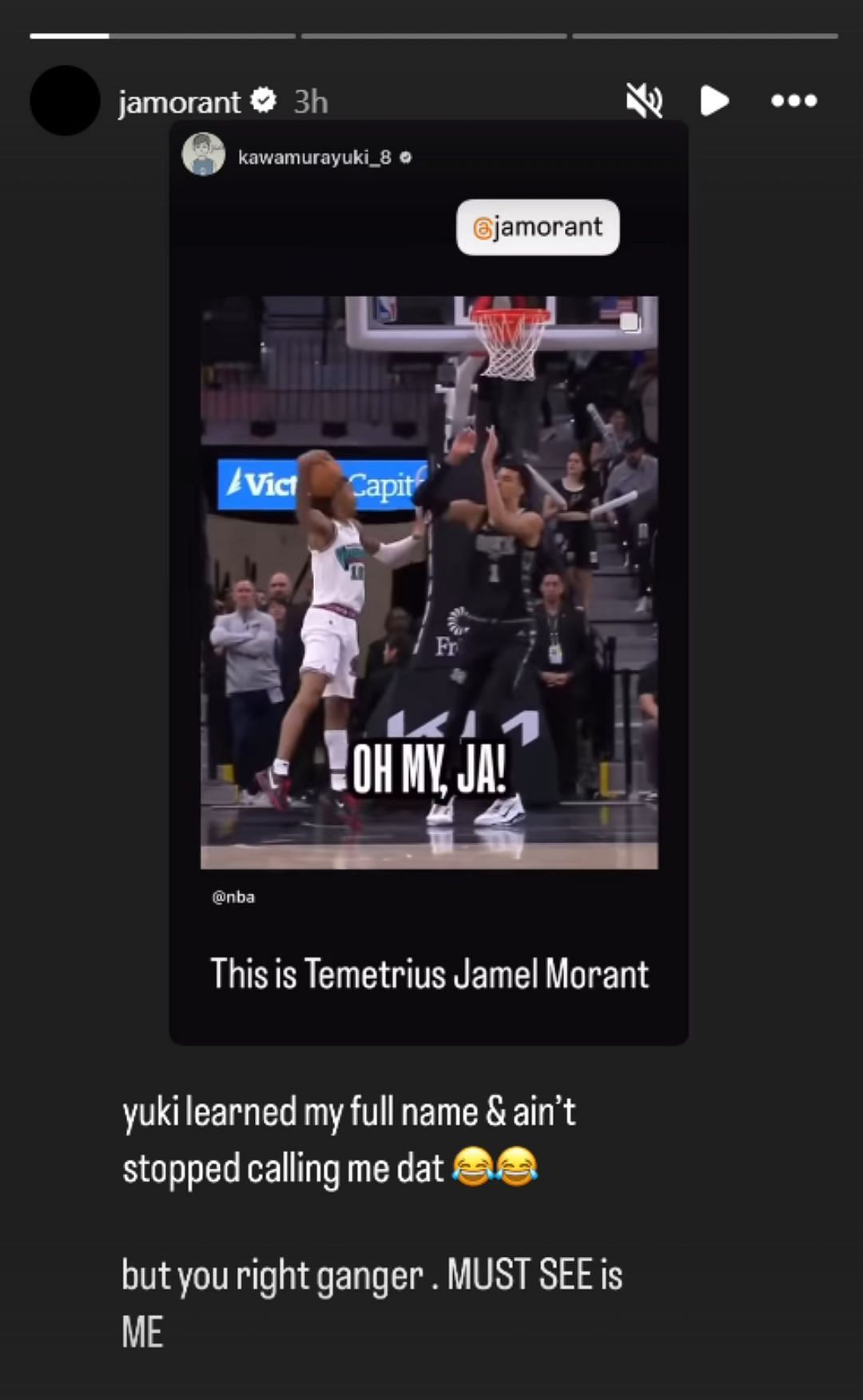 Morant reacts to Kawamura&#039;s praise of his dunk (Image: @jamorant IG)