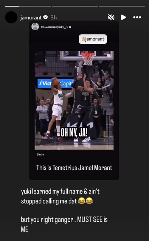 Morant reacts to Kawamura's praise of his dunk (Image: @jamorant IG)