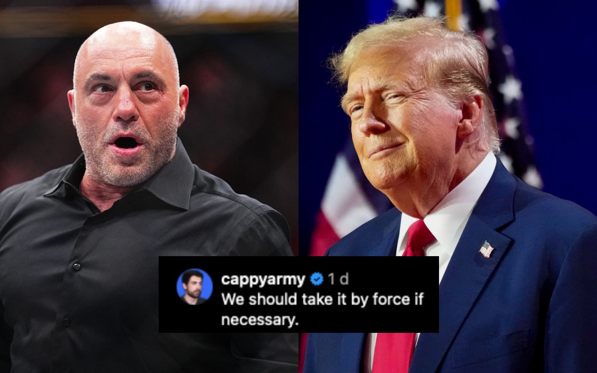 Joe Rogan (left) reacts to Doanld Trump