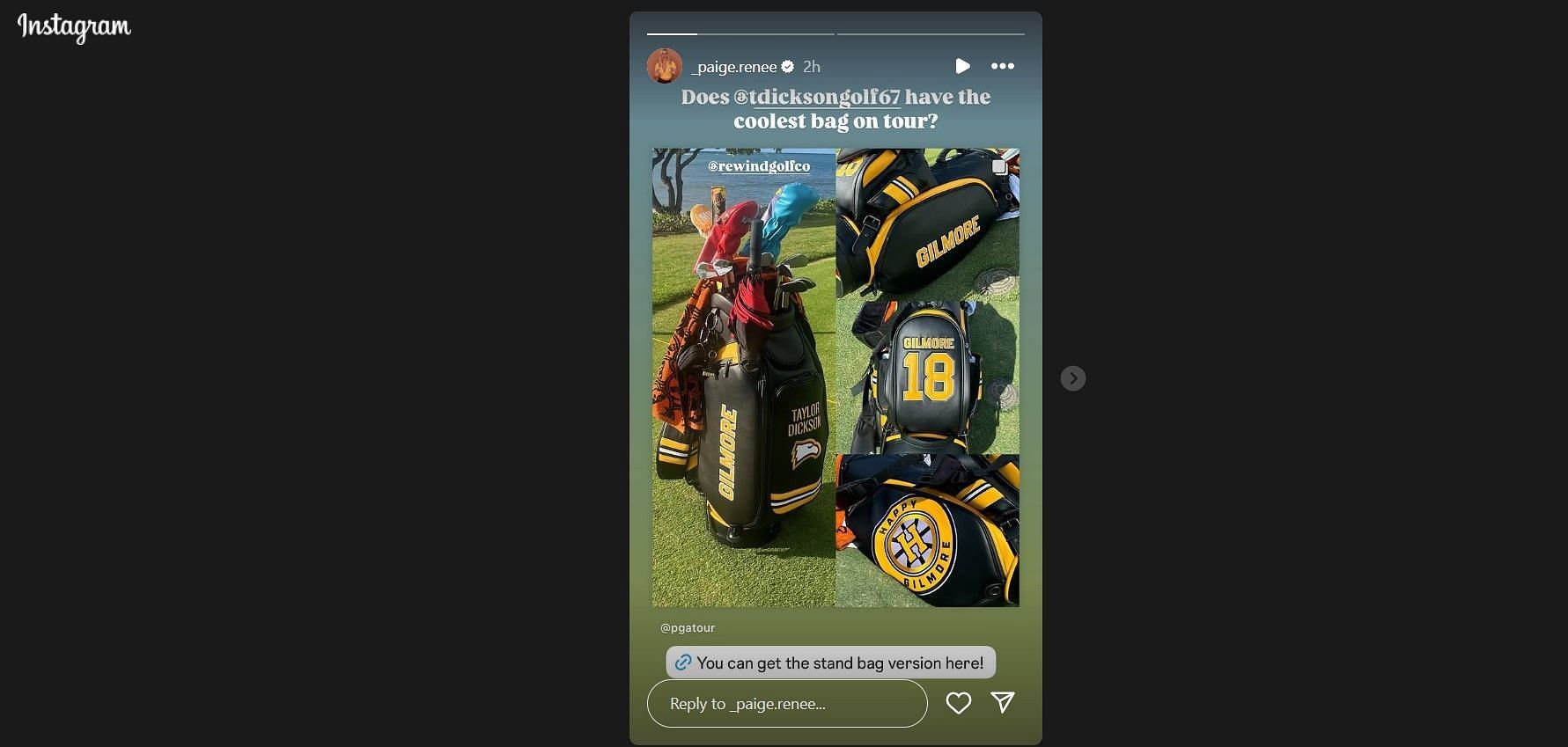 Paige Spiranac&#039;s story of Taylor Dickinson&#039;s Happy Gilmore bag -Source: via @ _paige.renee on Instagram