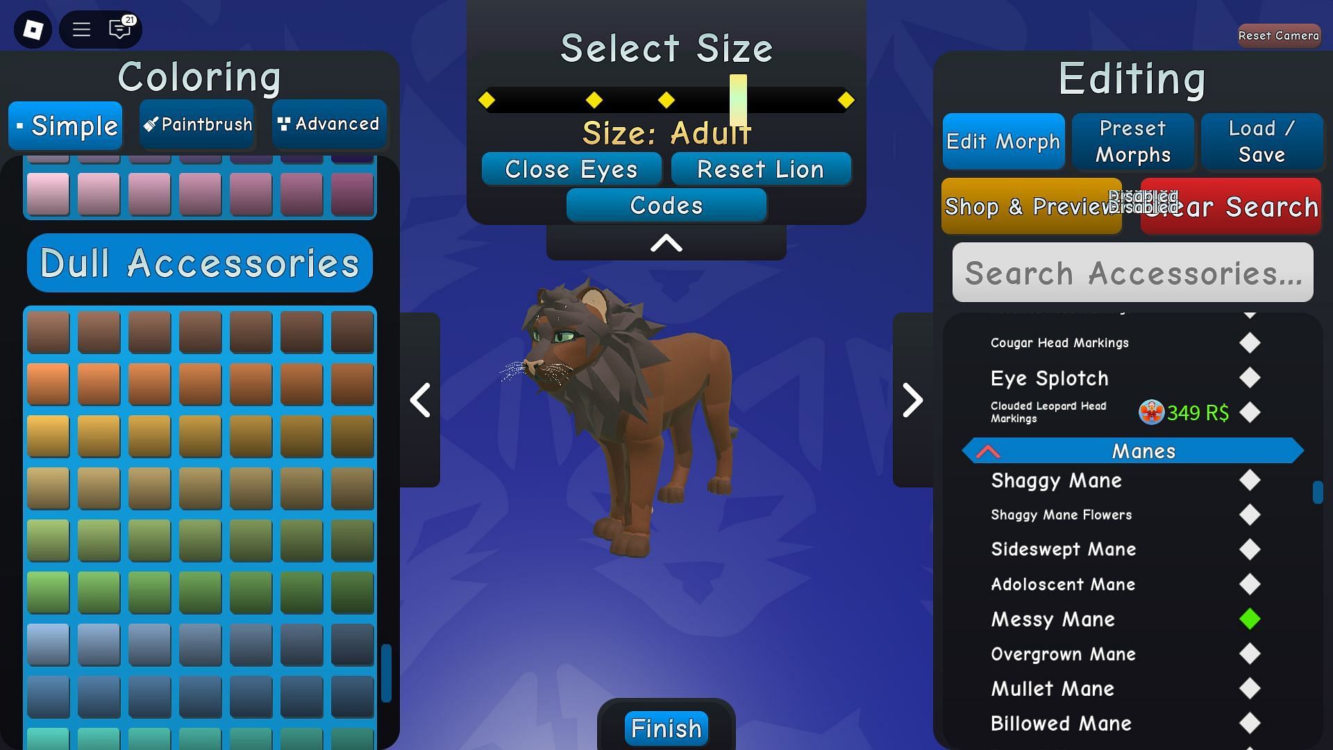 Character customization menu (Image via Roblox)