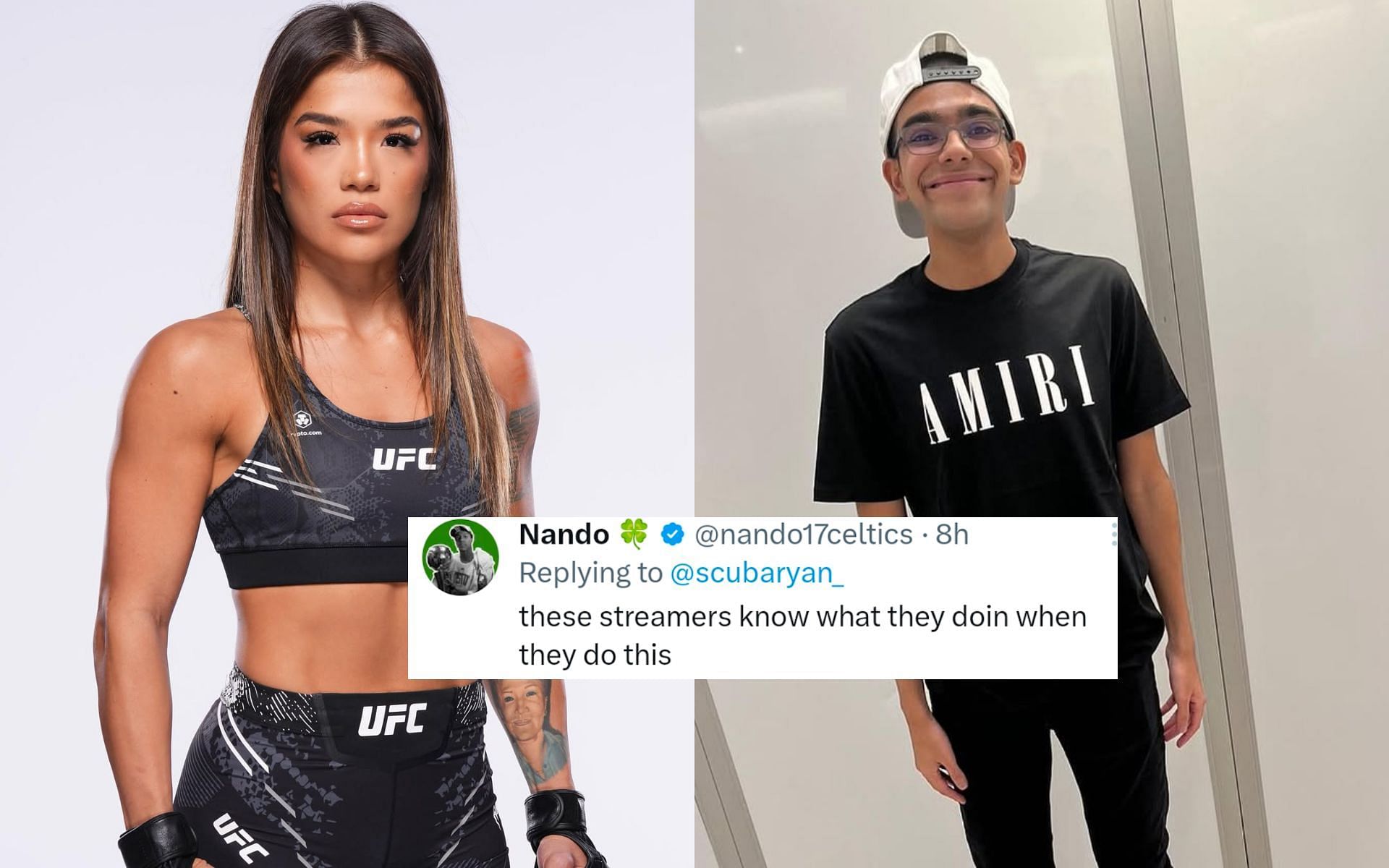 Fans react as UFC fighter Tracy Cortez (left) shocked by NSFW chat in live stream with YouTuber N3on (right). [Image courtesy: @n3onsingh and @cortezmma on Instagram]