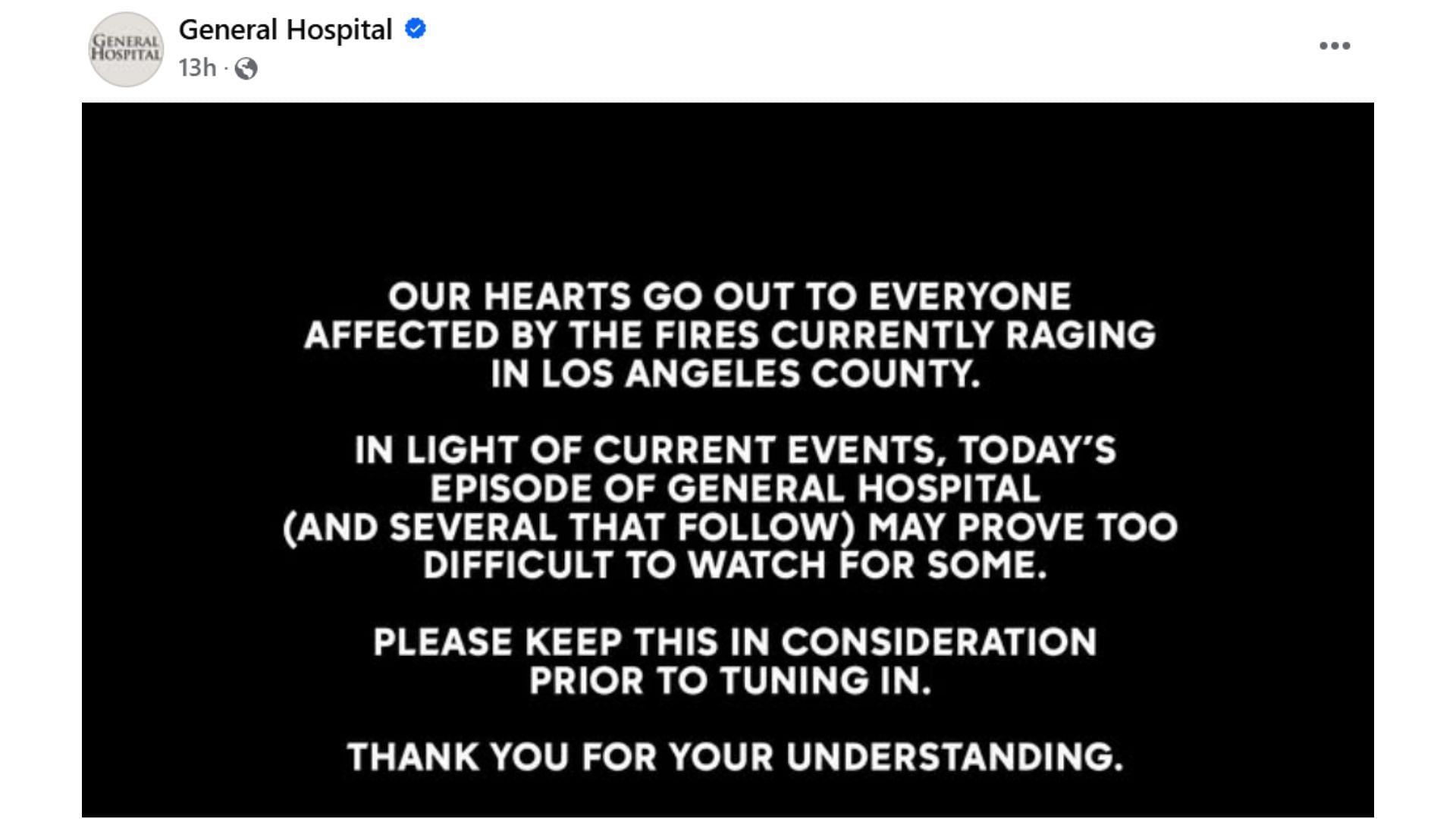 The soap&#039;s cautionary post on social media (Image via Facebook/@General Hospital)