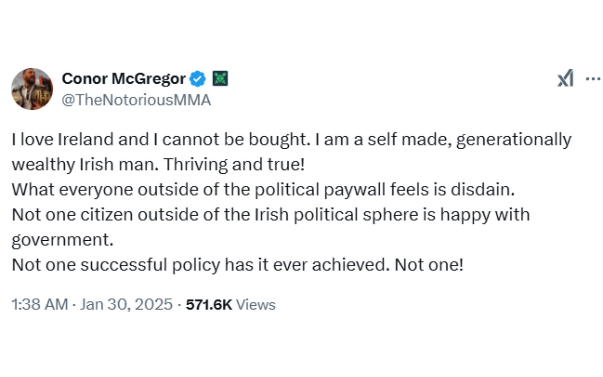 Screenshot of Conor McGregor&#039;s tweet on X