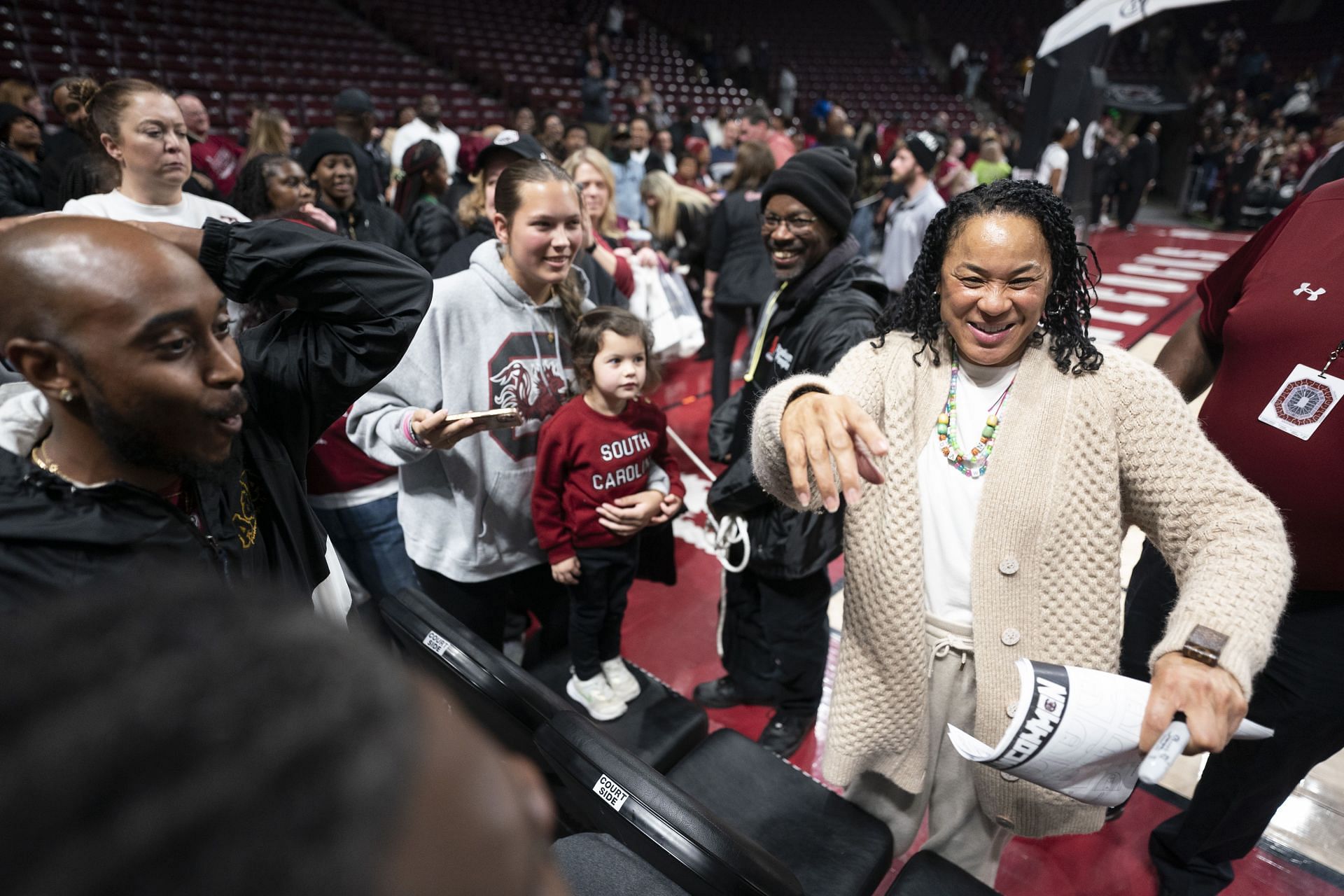 Head coach Dawn Staley of the South Carolina Gamecocks visits with fans after their game against the Texas A&amp;M Aggies at Colonial Life Arena on Jan. 9, 2025, in Columbia. Photo: Getty