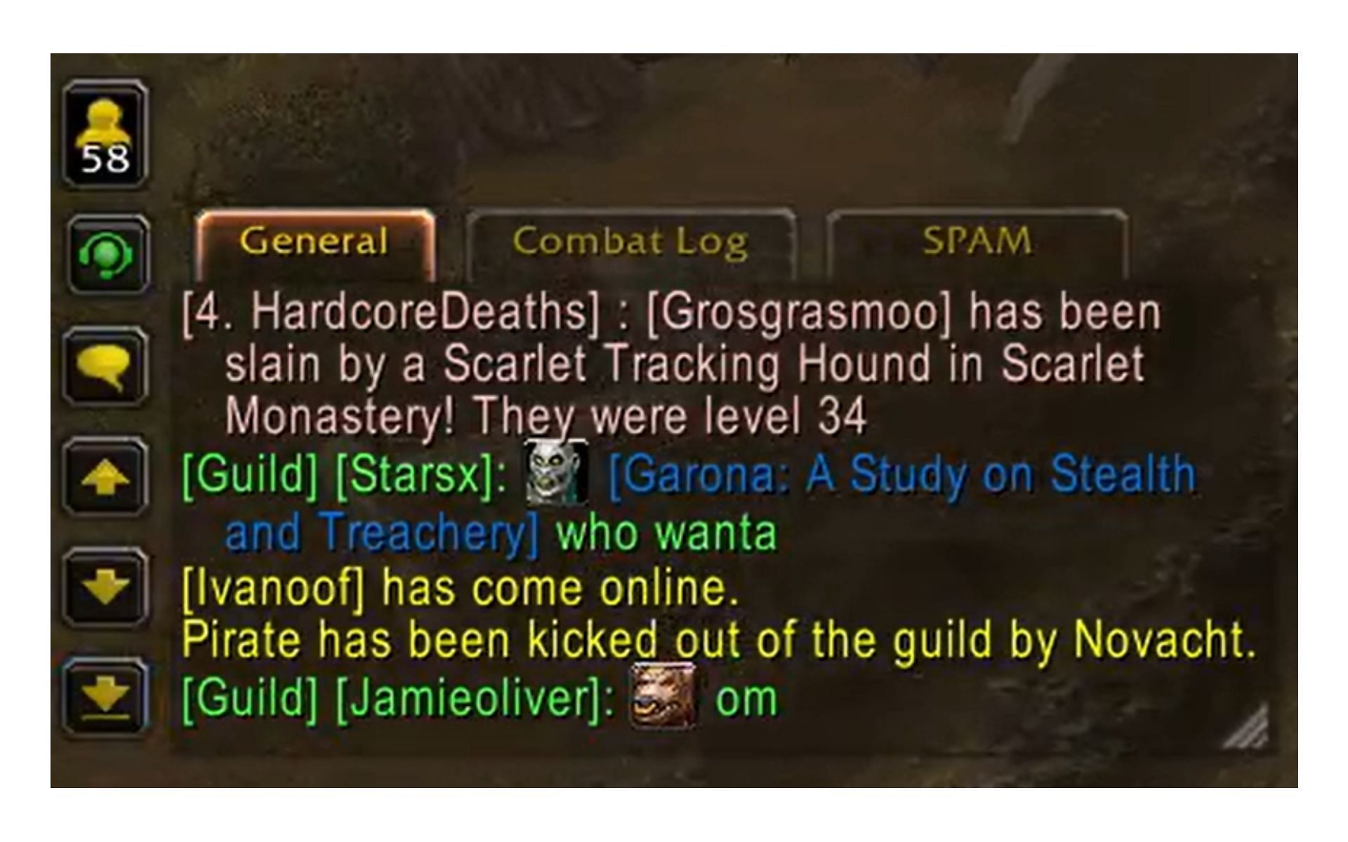 In-game chat showing that Pirate Software had allegedly been kicked out of the OnlyFangs guild (Image via twitch.tv/ziqoftw)