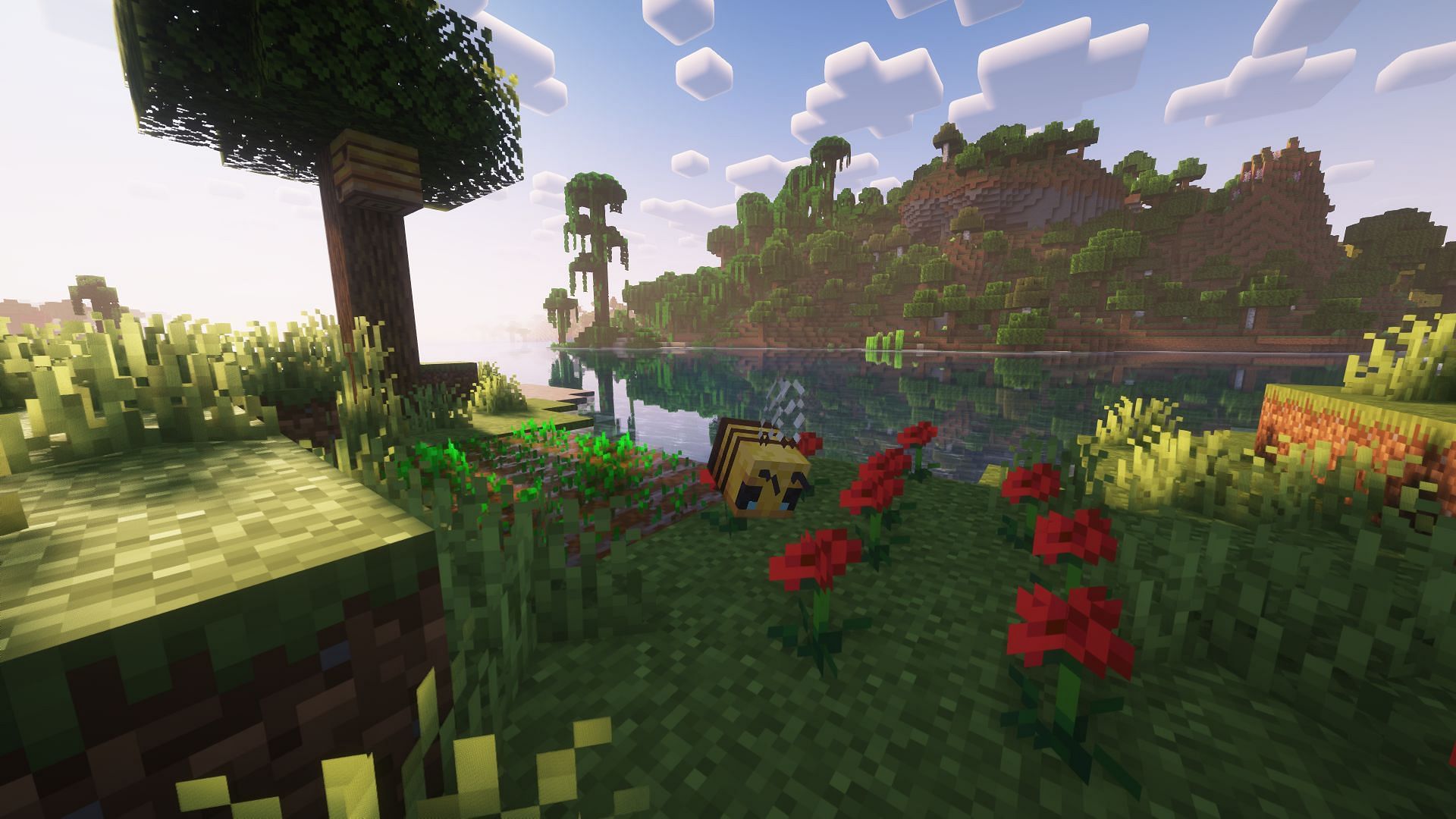 Bees can pollinate through flowers and fertilize crops by dropping pollen on them (Image via Mojang Studios)