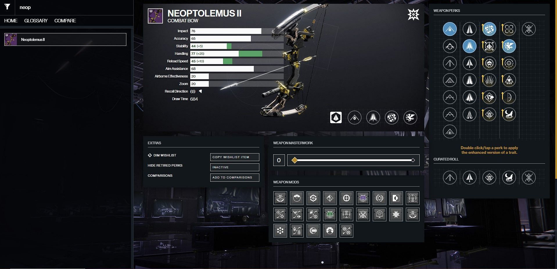 Neoptolemus II PvP god roll (Image via Bungie/D2Gunsmith)