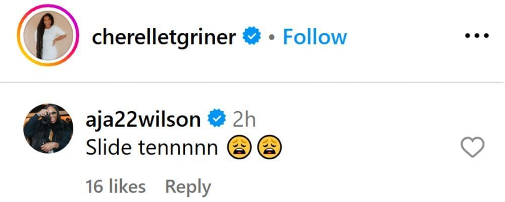 A&#039;ja Wilson commented on Cherelle Griner&#039;s post. (Photo: Screengrabbed from @cherelletgriner on IG)