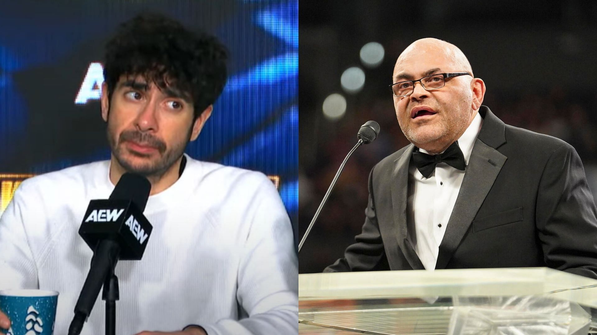 AEW president Tony Khan (left) and Konnan (right). (Image credits: AEW YouTube channel &amp; wwe.com)