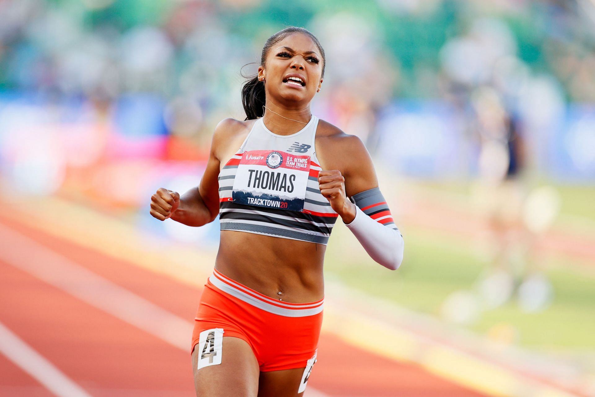 Thomas competing in the Women&#039;s 100m semis on the second day of the 2020 US Olympics Track and Field trials (Image via: Getty Images)