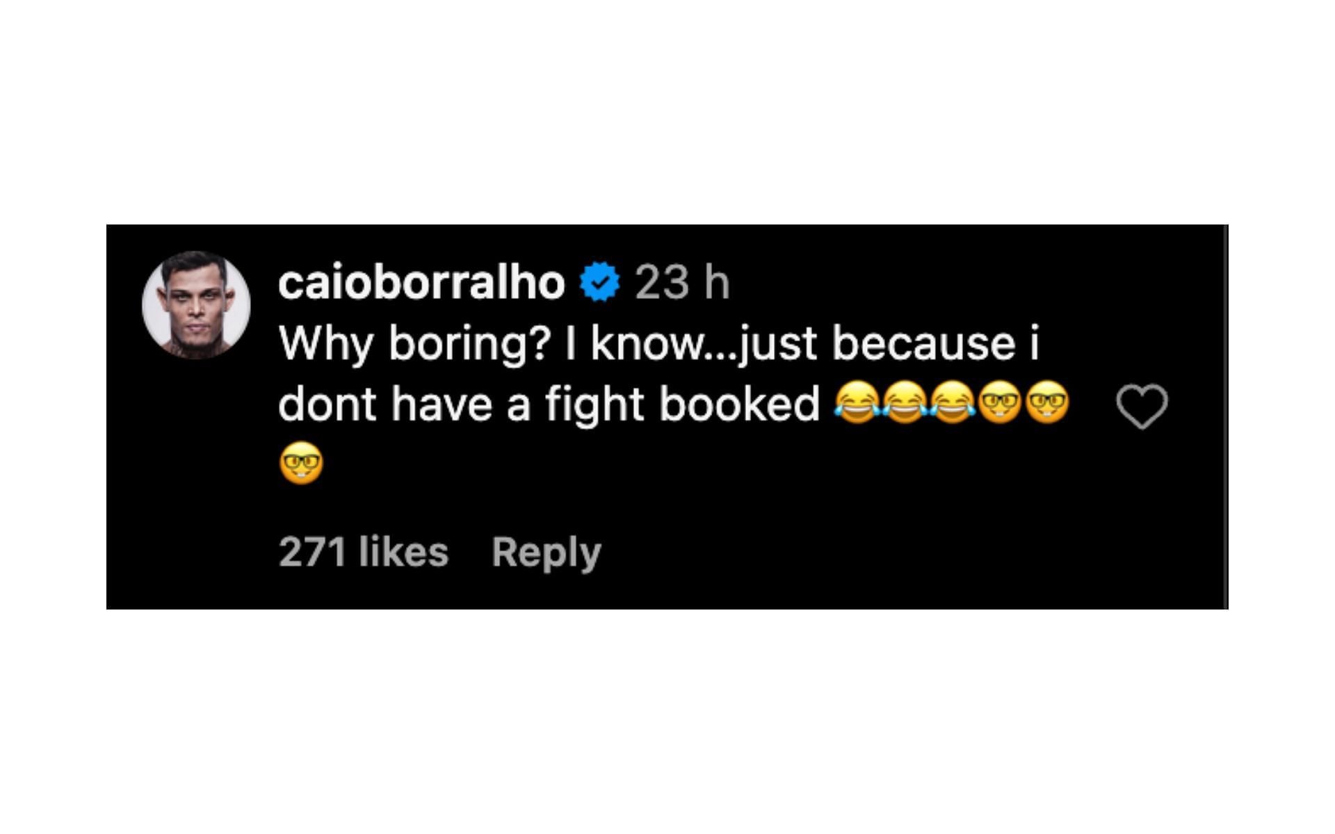 Screenshot of Caio Borralho&rsquo;s comment. [Screenshot courtesy: @mmajunkie on Instagram]