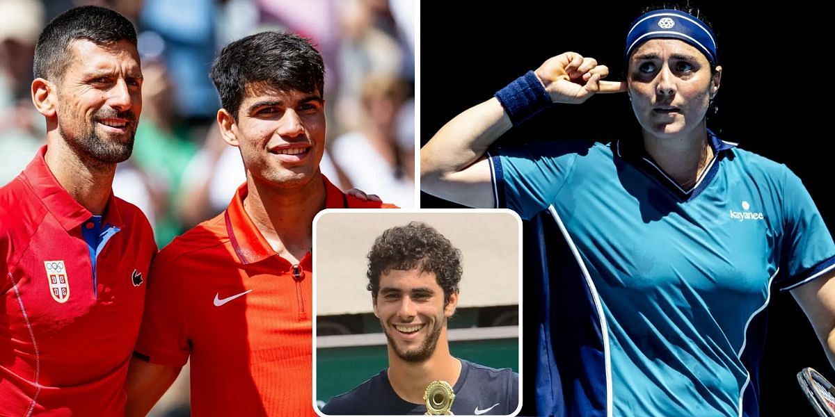 Novak Djokovic with Carlos Alcaraz (L); Aziz Dougaz (inset), and Ons Jabeur | Images: Getty