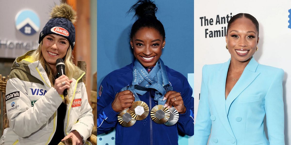 Mikaela Shiffrin (L), Allyson Felix (R) and others react to Simone Biles (C) becoming SI Sportsperson of the Year. PHOTO: All from Getty Images