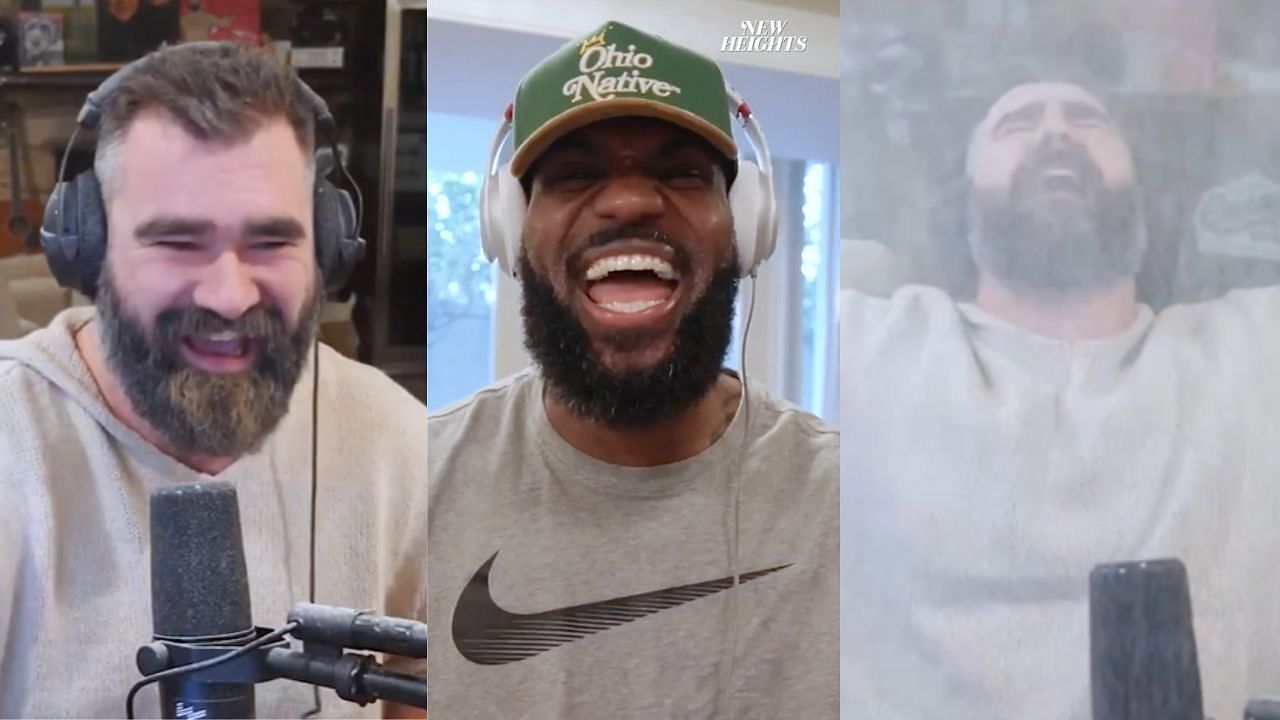 WATCH: Jason Kelce does unbelievable LeBron James-like chalk toss to introduce Lakers star on New Heights podcast - Source: X/New Heights Podcast