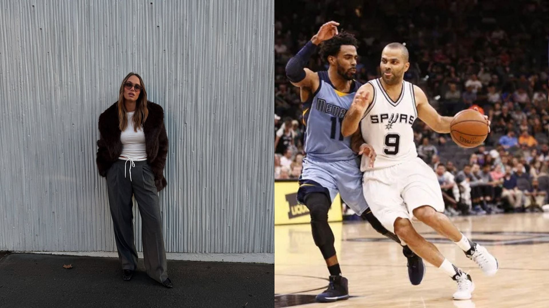 Model Agatha Teyssier poses for a photo, Former NBA player Tony Parker dribbles the ball during a game against the Memphis Grizzlies. Photo Credit: Agatha Teyssier