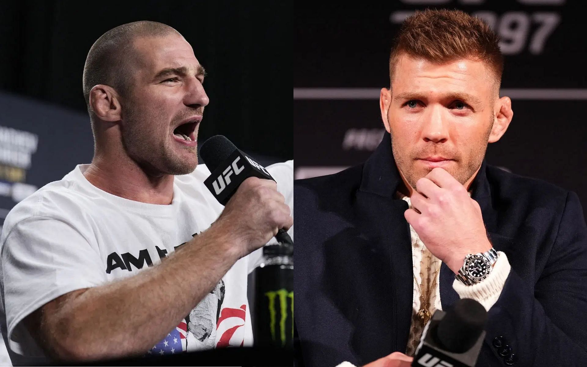 Dricus du Plessis (right) fires back at Sean Strickland (left) for challenging him to &quot;be a man&quot; and not wrestle at UFC 312 [Images courtesy: Getty Images]