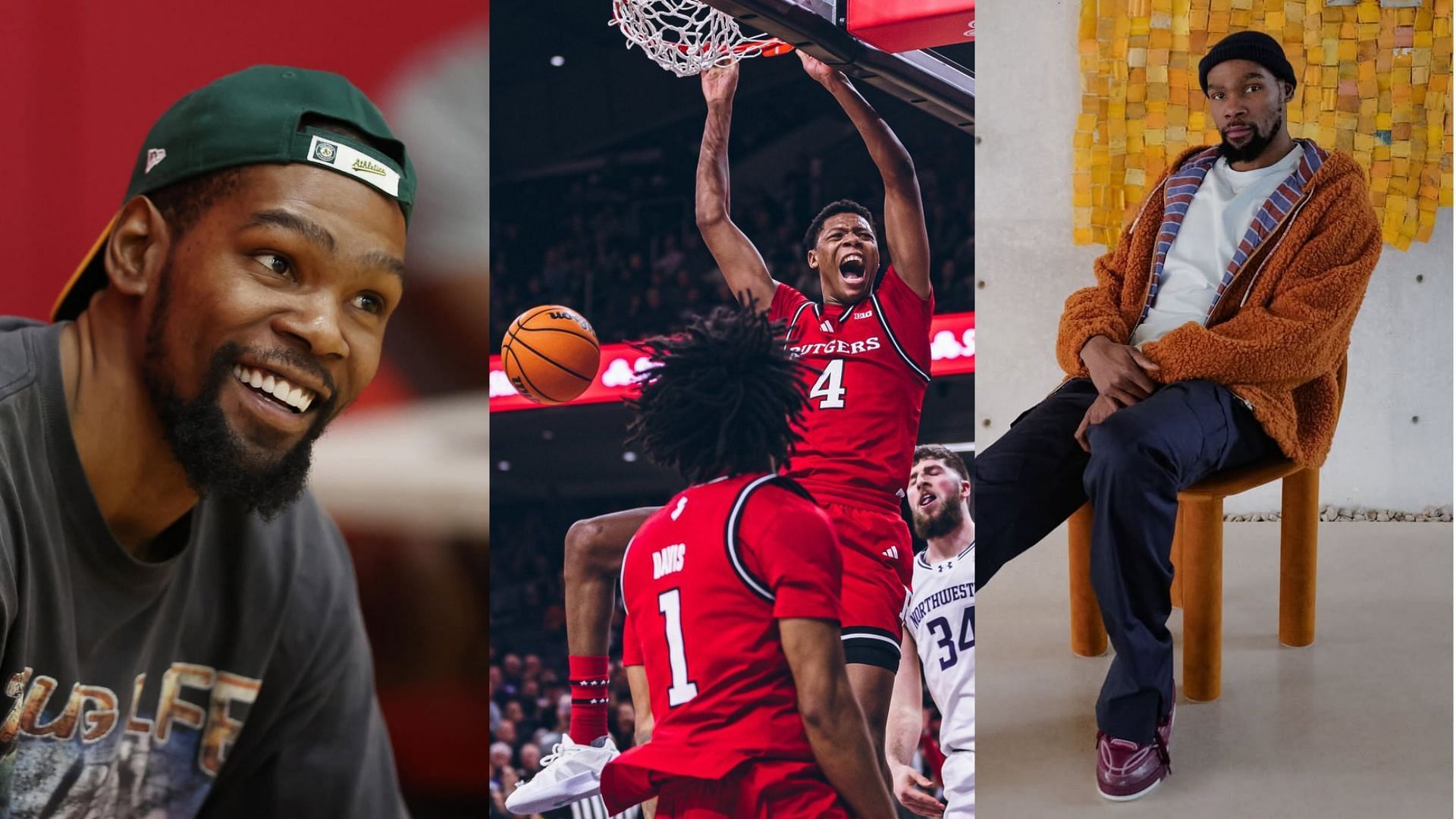 Kevin Durant (left and right), Ace Bailey (centre) [Images via (IG/@easymoneysniper), (X/@RutgersMBB)] 