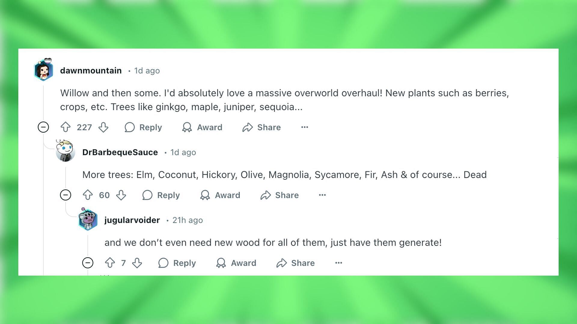 Redditors react to the idea of willow tree in the game (Image via Reddit/Rhyzanth/Mojang Studios)