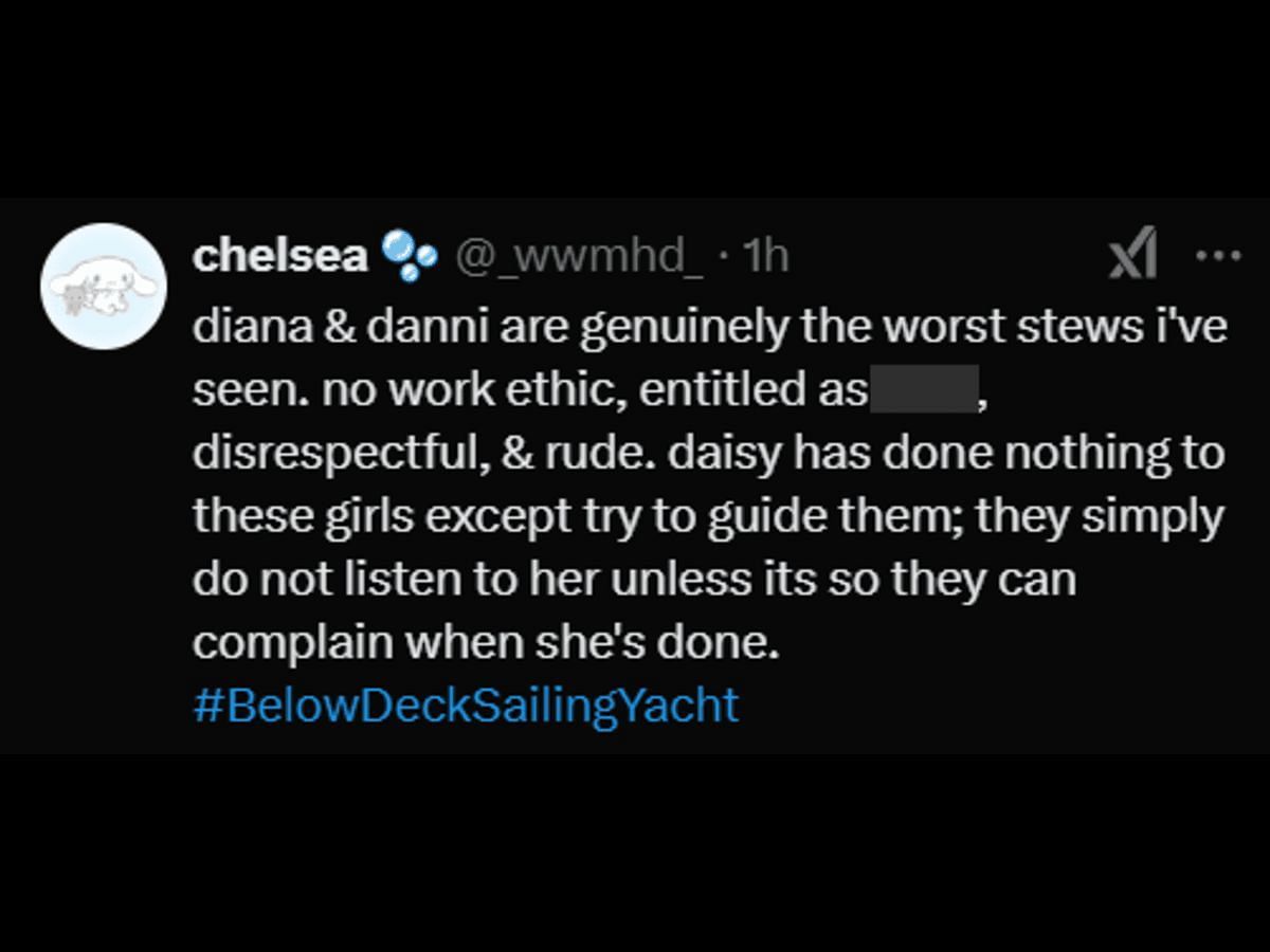 A Below Deck Sailing Yacht fan reacts to Danni and Diana&#039;s comments (Image via X/@/_wwmhd_)