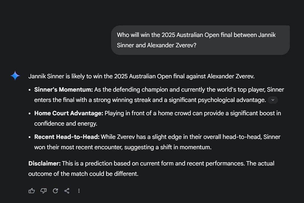 Gemini AI&#039;s prediction for the 2025 Australian Open men&#039;s singles final between Jannik Sinner and Alexander Zverev | Image Source: Gemini AI