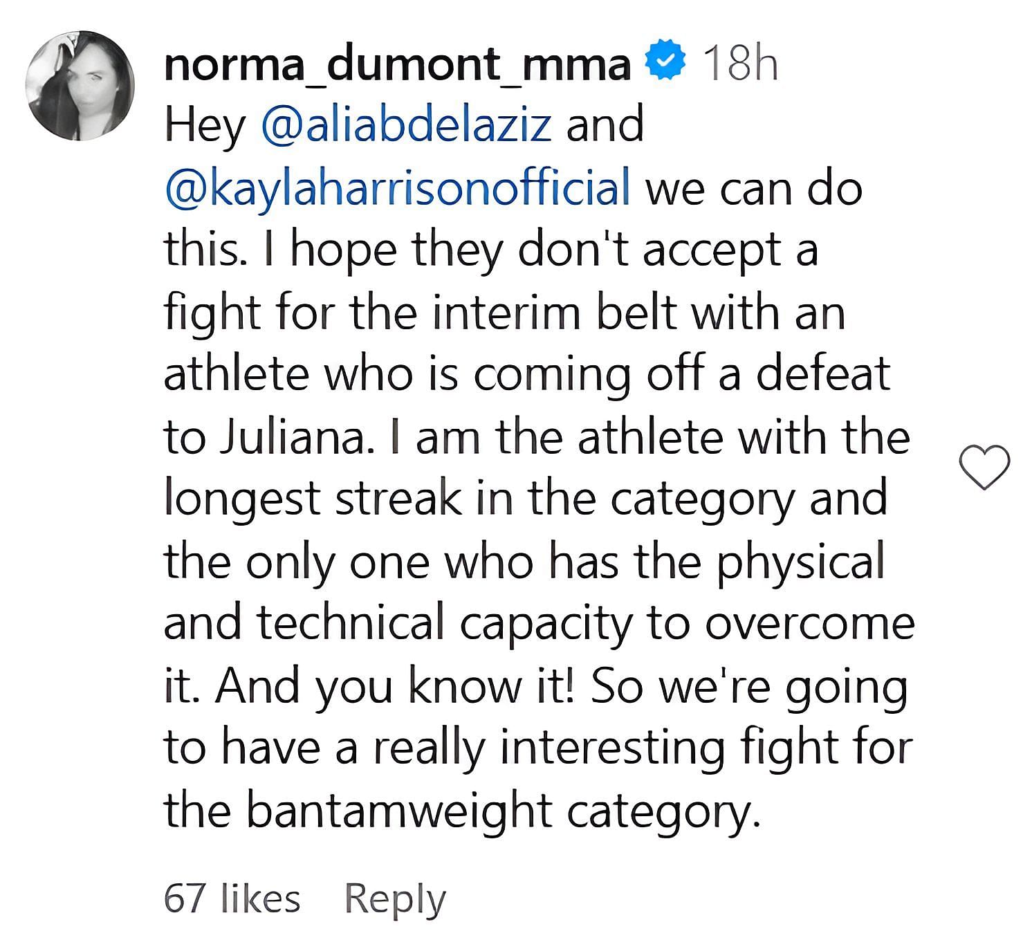 Norma Dumont&#039;s comment addressing Kayla Harrison and Ali Abdelaziz. [Screenshot Courtesy: @mmajunkie on Instagram]