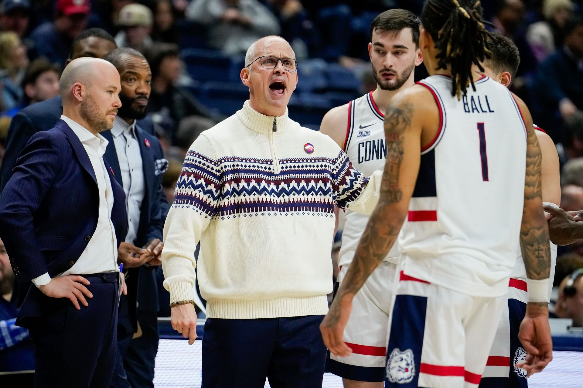 UConn Huskies head coach Dan Hurley coaches his team against the Providence Friars during the second half of their NCAA basketball game at the Harry A. Gampel Pavilion on January 5, 2025. Photo: Getty