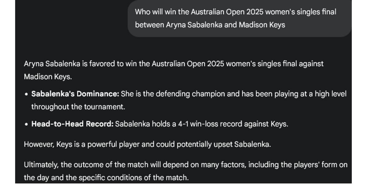 Google&#039;s Gemini AI&#039;s prediction for the Australian Open 2025 final between Aryna Sabalenka and Madison Keys. (Source: Gemini AI)