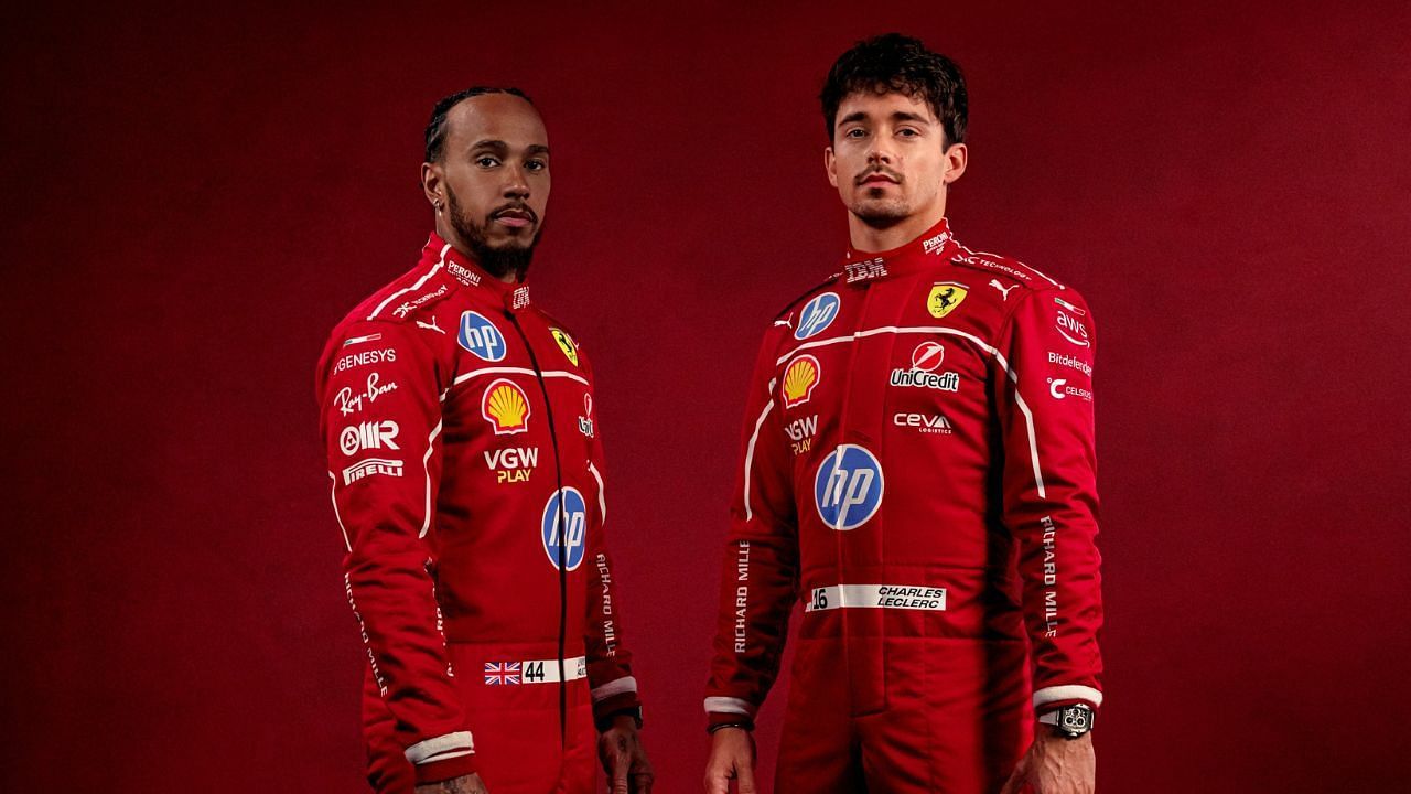 Lewis Hamilton with Charles Leclerc in Ferrari photoshoot [Image Source: @ScuderiaFerrari/X]