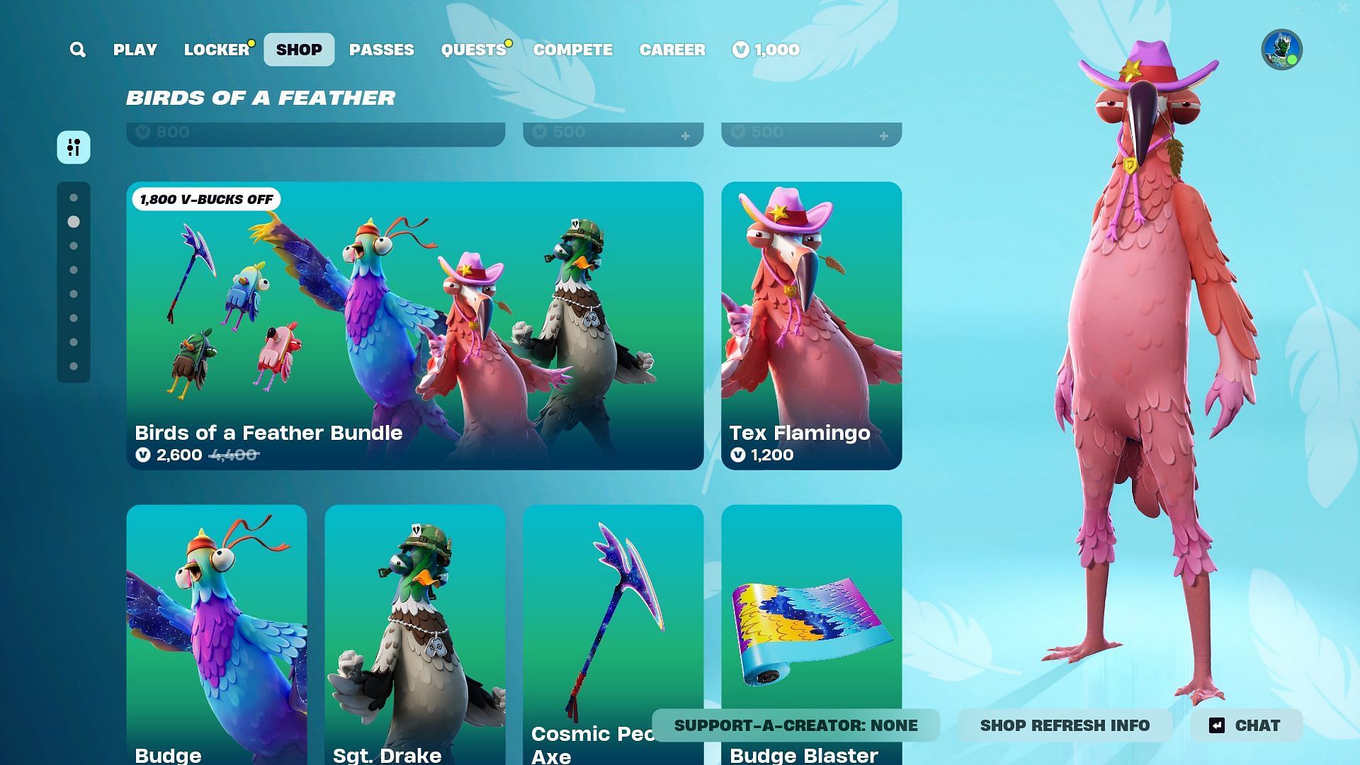 You can purchase the Tex Flamingo, Sgt. Drake, and Budge (Birds of a Feather) skins in Fortnite (Image via Epic Games)