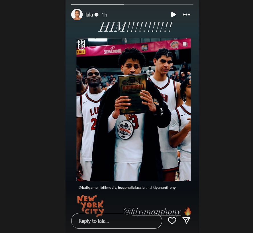 La La Anthony shares son Kiyan Anthony&#039;s Hoophall MVP moment with 1-word message via Instagram.